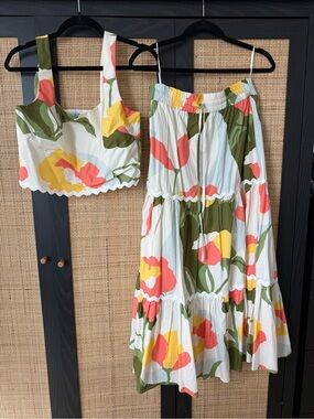 CeCe Floral Set - Crop Top and Midi Skirt in White, Coral, Yellow & Olive